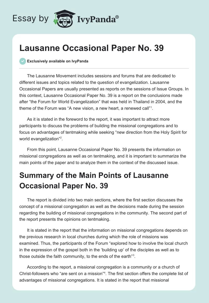 Lausanne Occasional Paper No. 39. Page 1