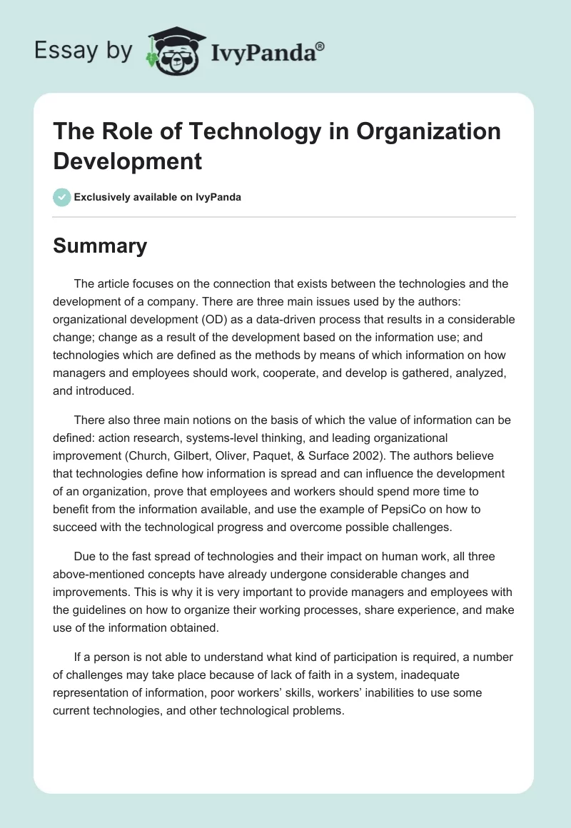 The Role of Technology in Organization Development - 1217 Words ...
