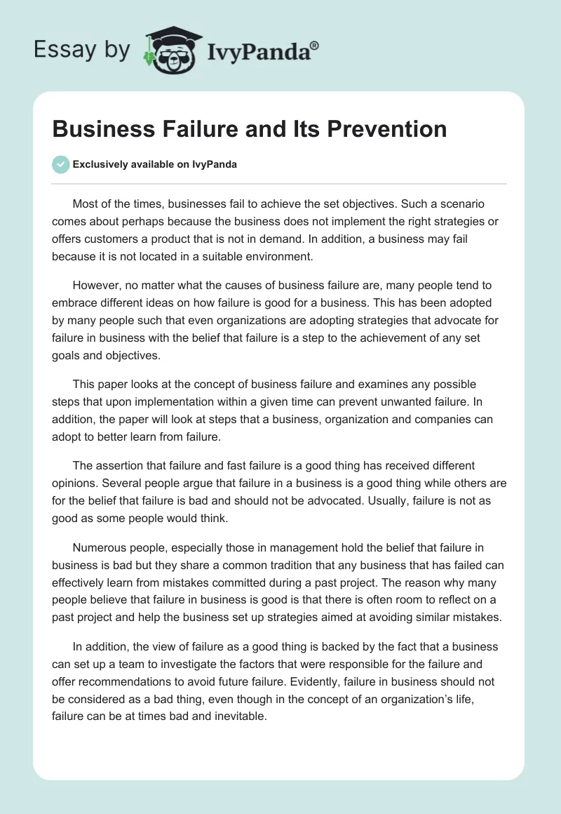 Business Failure and Its Prevention. Page 1