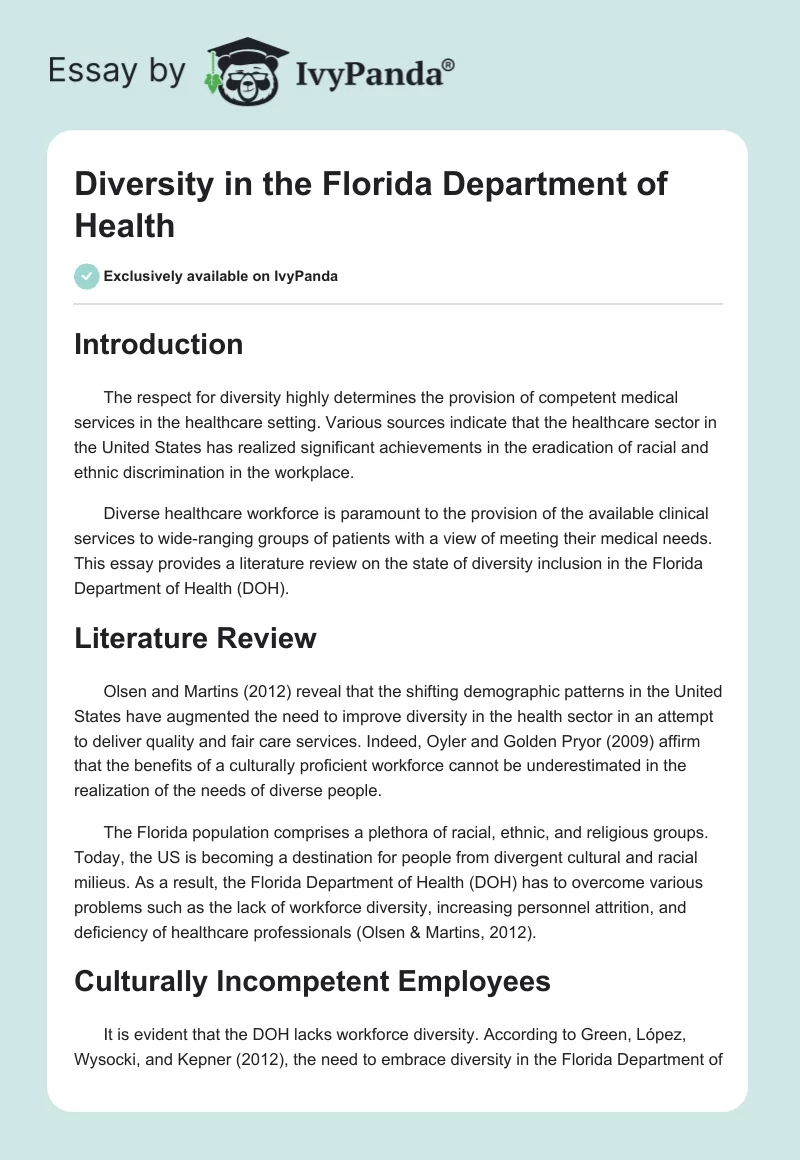 Diversity in the Florida Department of Health. Page 1