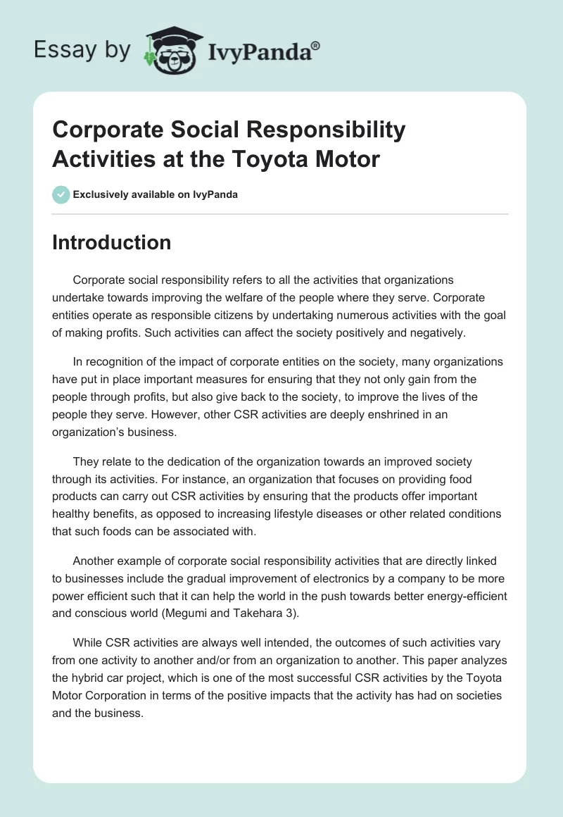 Corporate Social Responsibility Activities at the Toyota Motor. Page 1