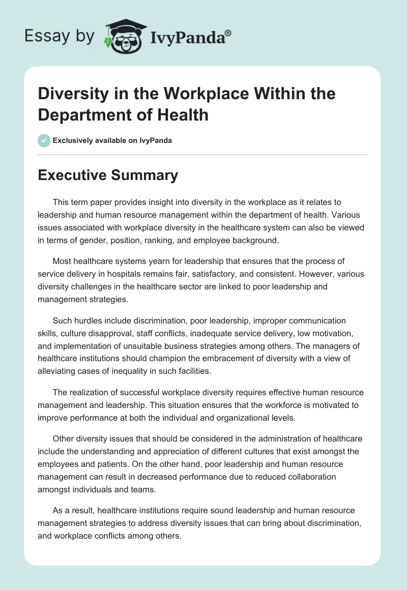 Diversity in the Workplace Within the Department of Health. Page 1