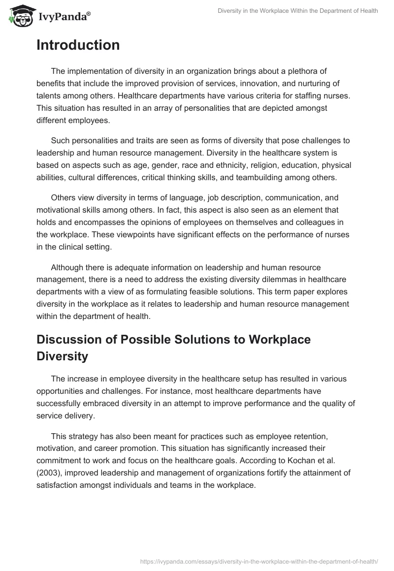 Diversity in the Workplace Within the Department of Health. Page 2