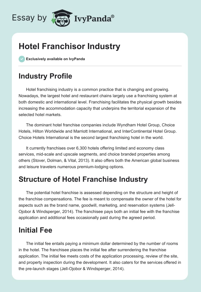 Hotel Franchisor Industry. Page 1
