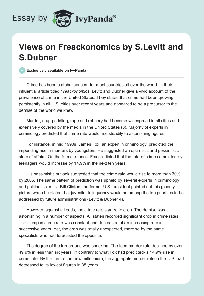 Views on Freackonomics by S.Levitt and S.Dubner. Page 1