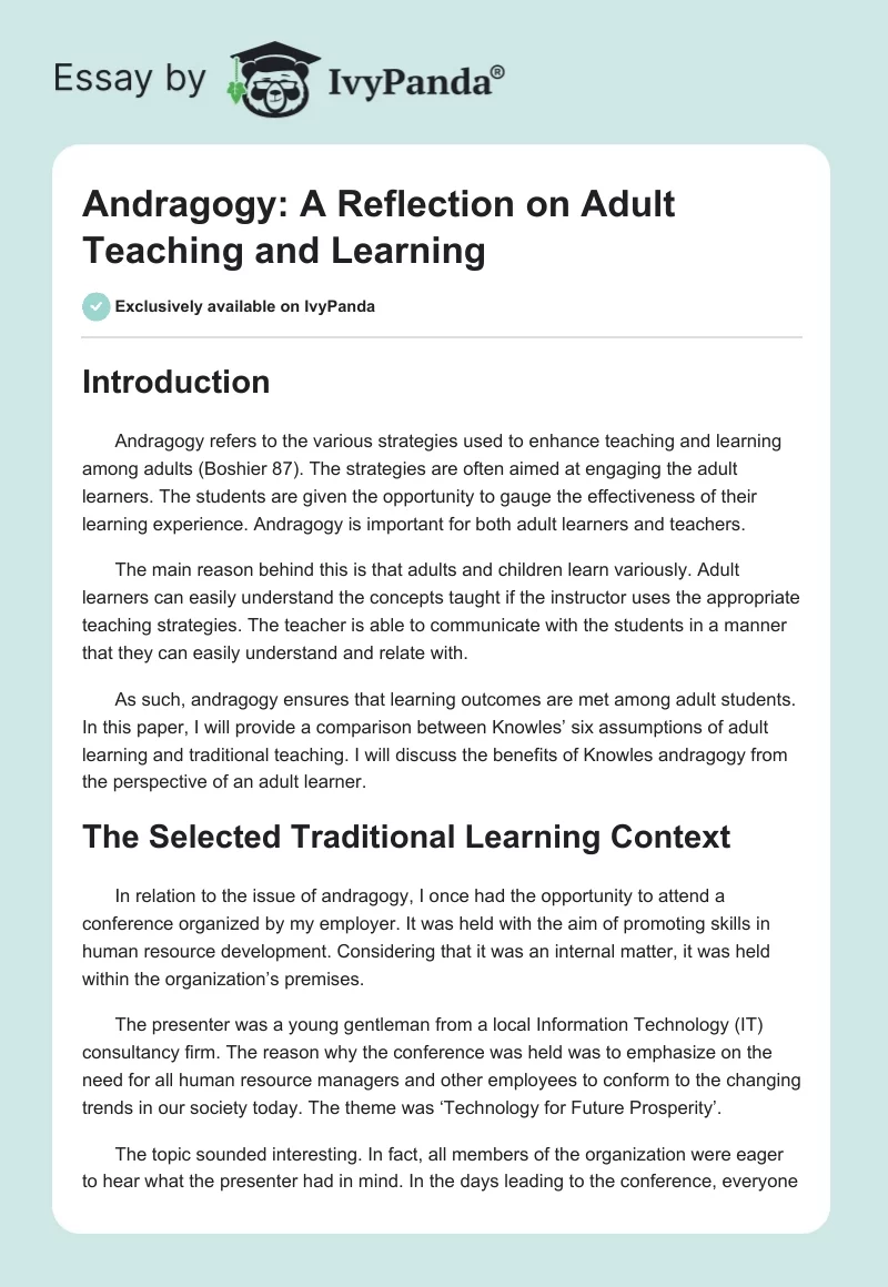 Andragogy: A Reflection on Adult Teaching and Learning. Page 1