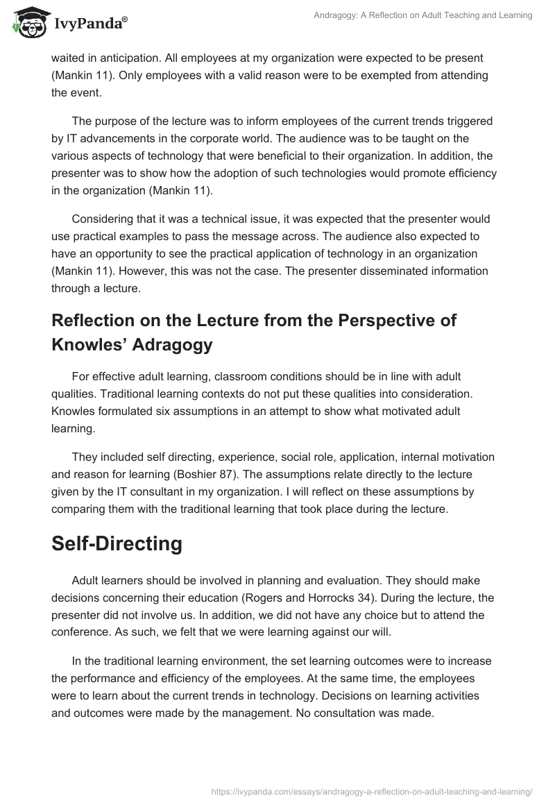Andragogy: A Reflection on Adult Teaching and Learning. Page 2