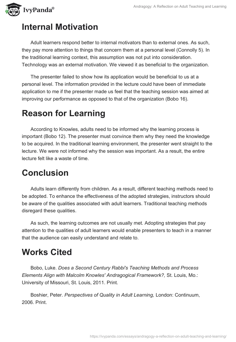 Andragogy: A Reflection on Adult Teaching and Learning. Page 4