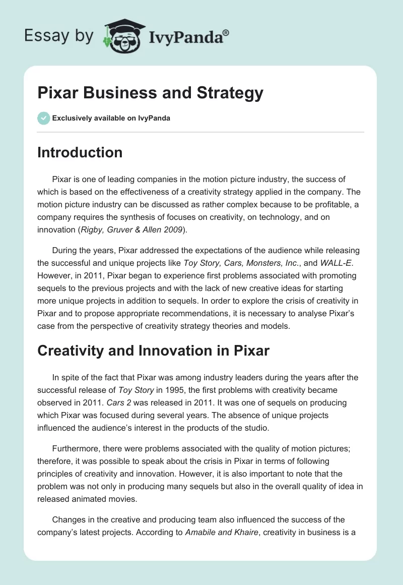 Pixar Business and Strategy. Page 1