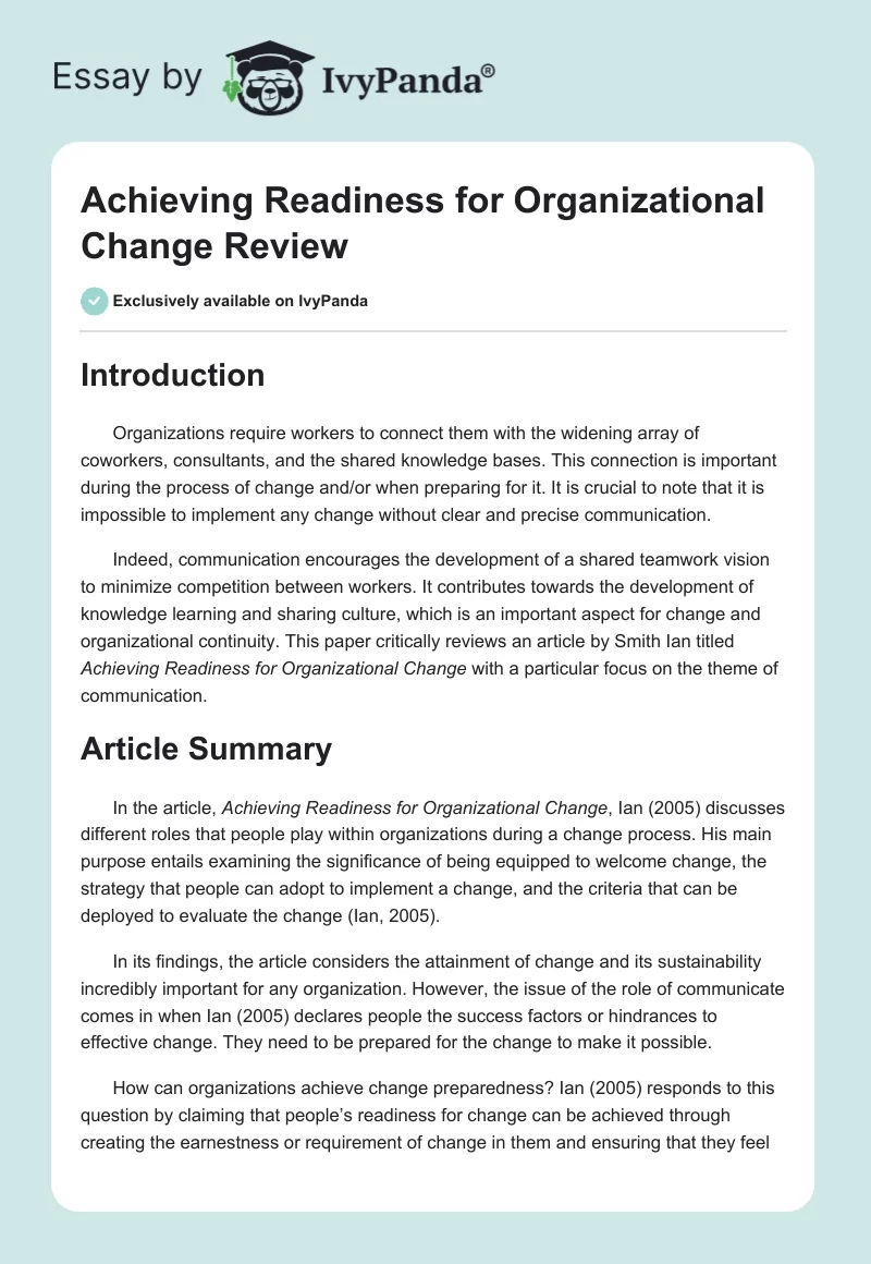 Achieving Readiness for Organizational Change Review. Page 1