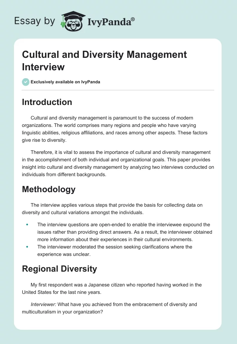 Cultural and Diversity Management Interview. Page 1