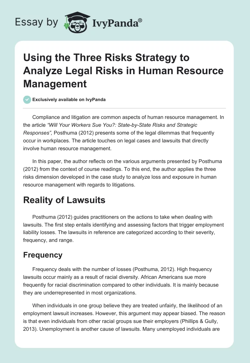 Using the Three Risks Strategy to Analyze Legal Risks in Human Resource Management. Page 1
