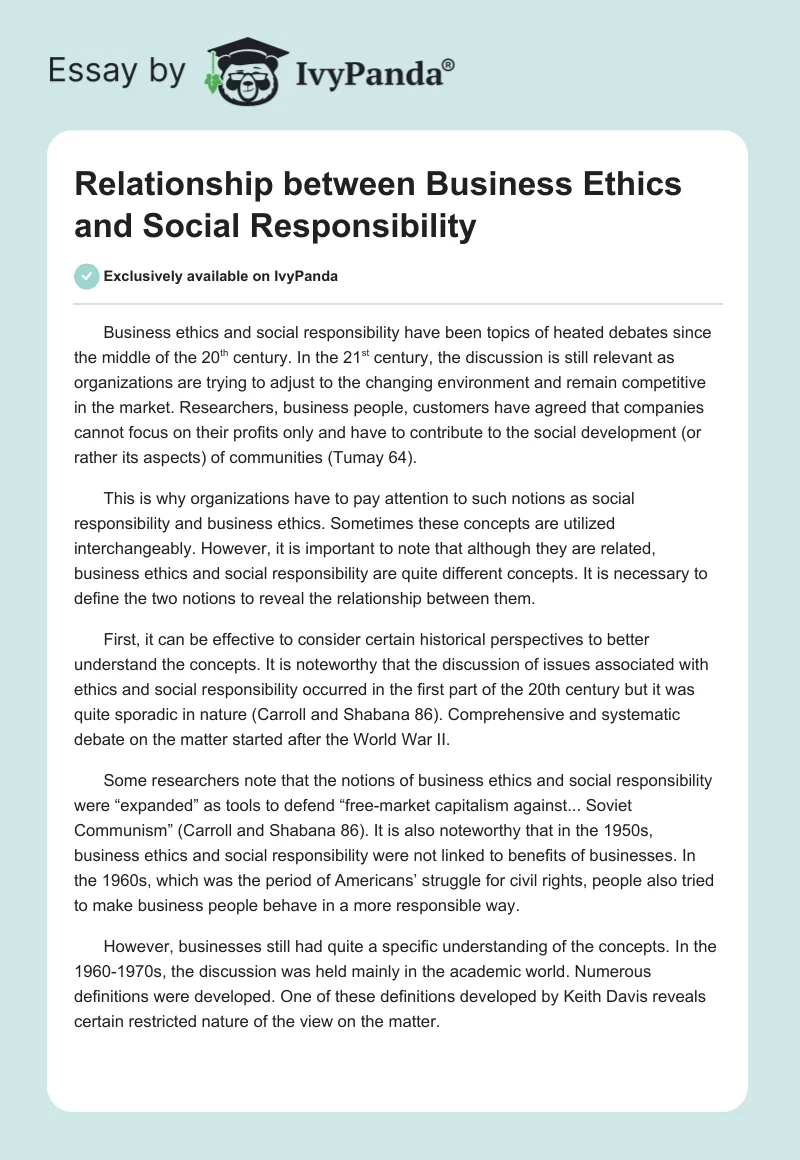 Relationship between Business Ethics and Social Responsibility. Page 1