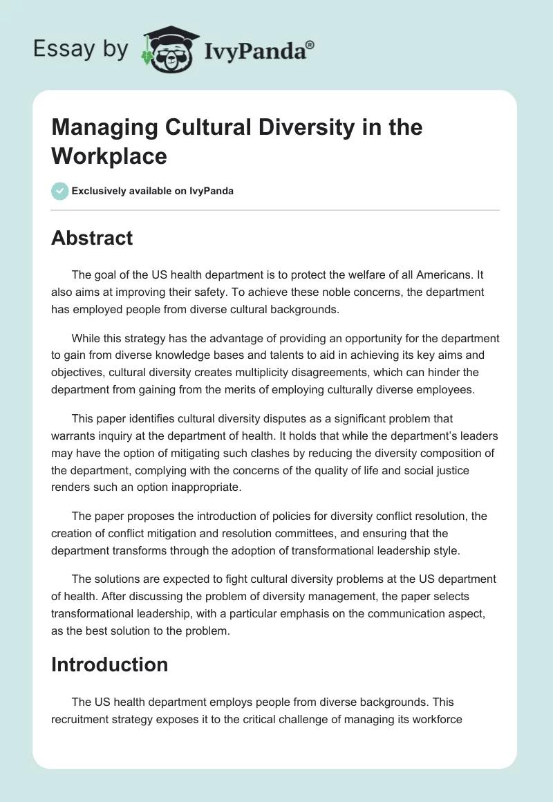 Managing Cultural Diversity in the Workplace. Page 1