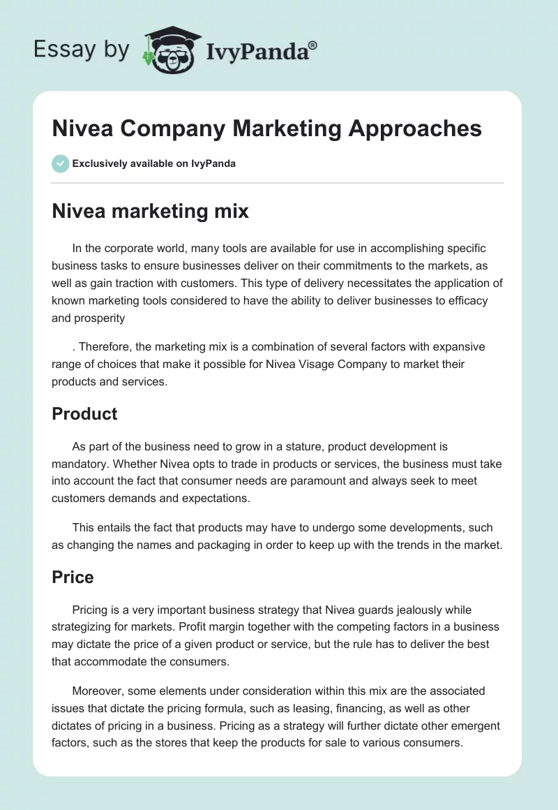 Nivea Company Marketing Approaches. Page 1