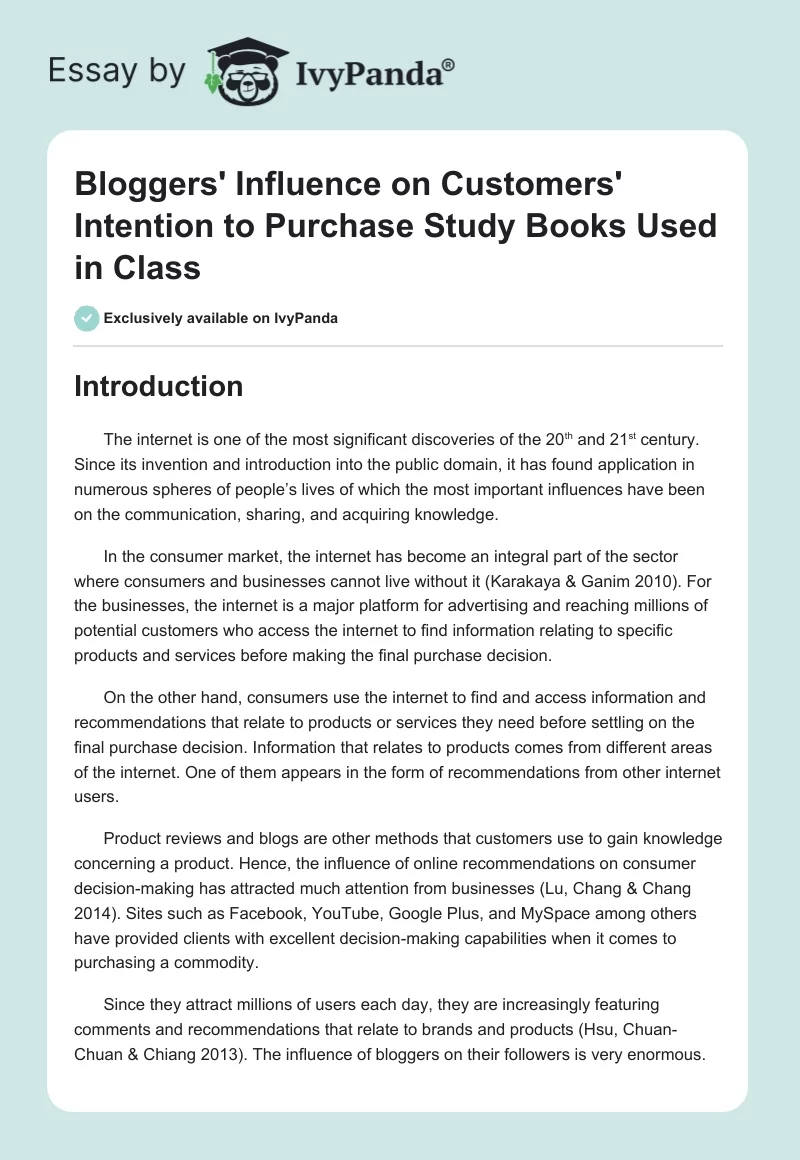 Bloggers' Influence on Customers' Intention to Purchase Study Books Used in Class. Page 1