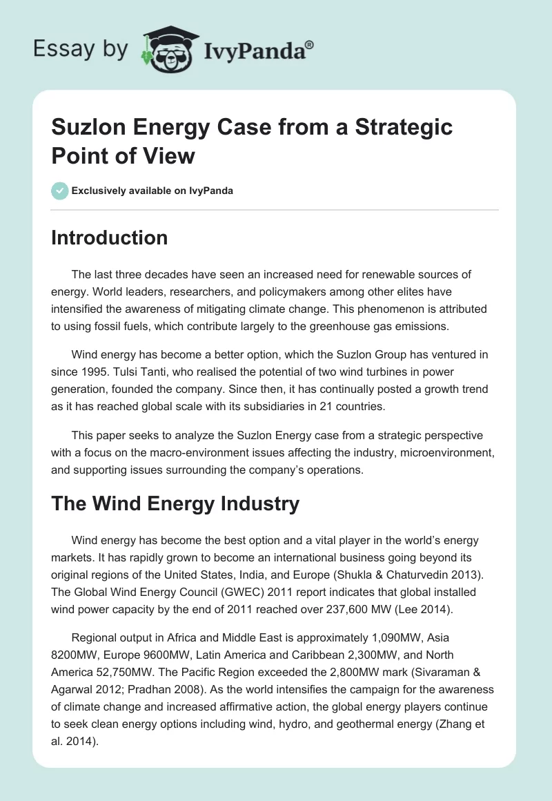 Suzlon Energy Case from a Strategic Point of View. Page 1