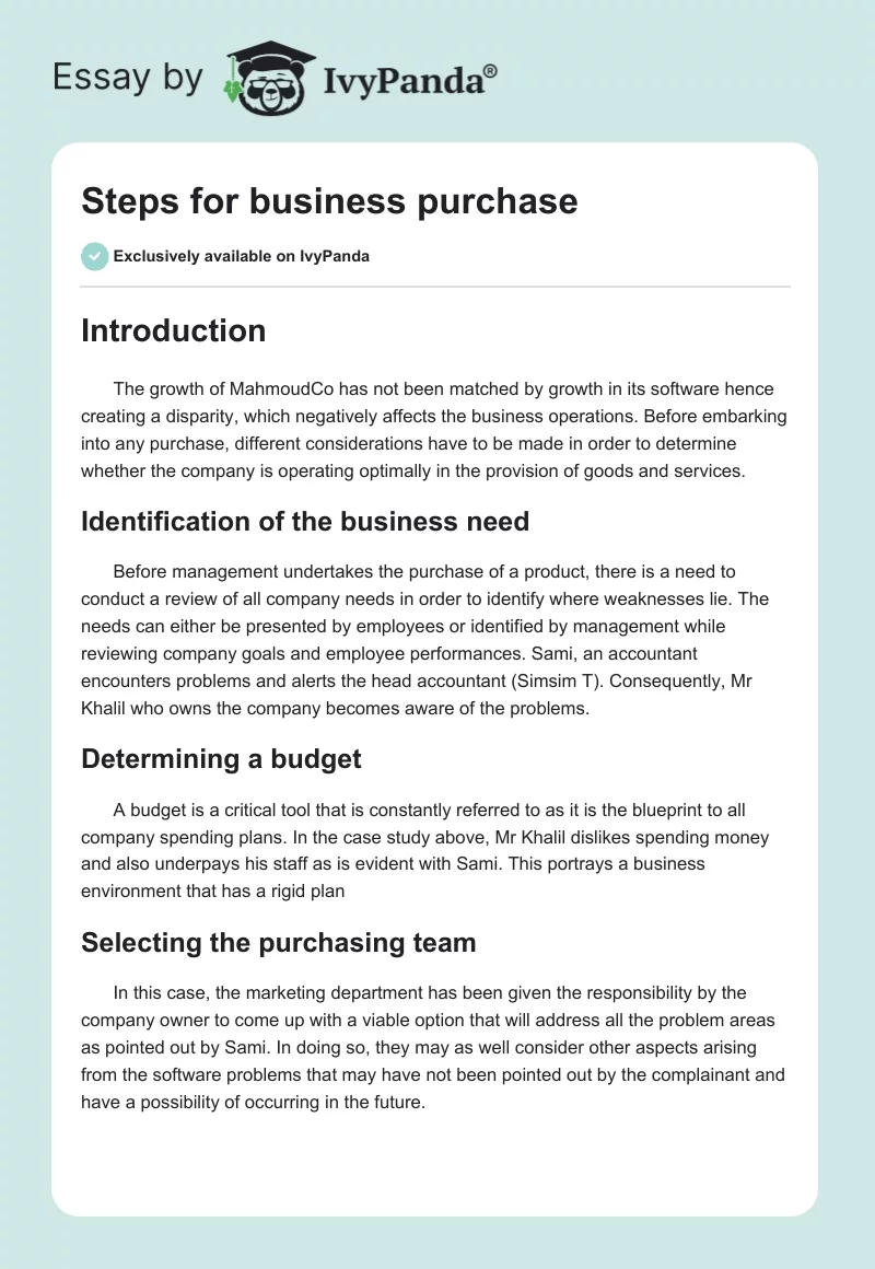 Steps for business purchase. Page 1