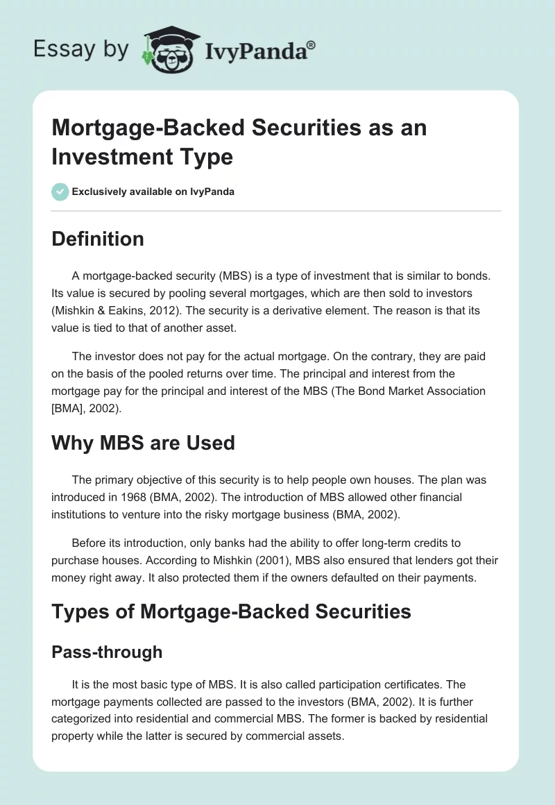 Mortgage-Backed Securities as an Investment Type. Page 1