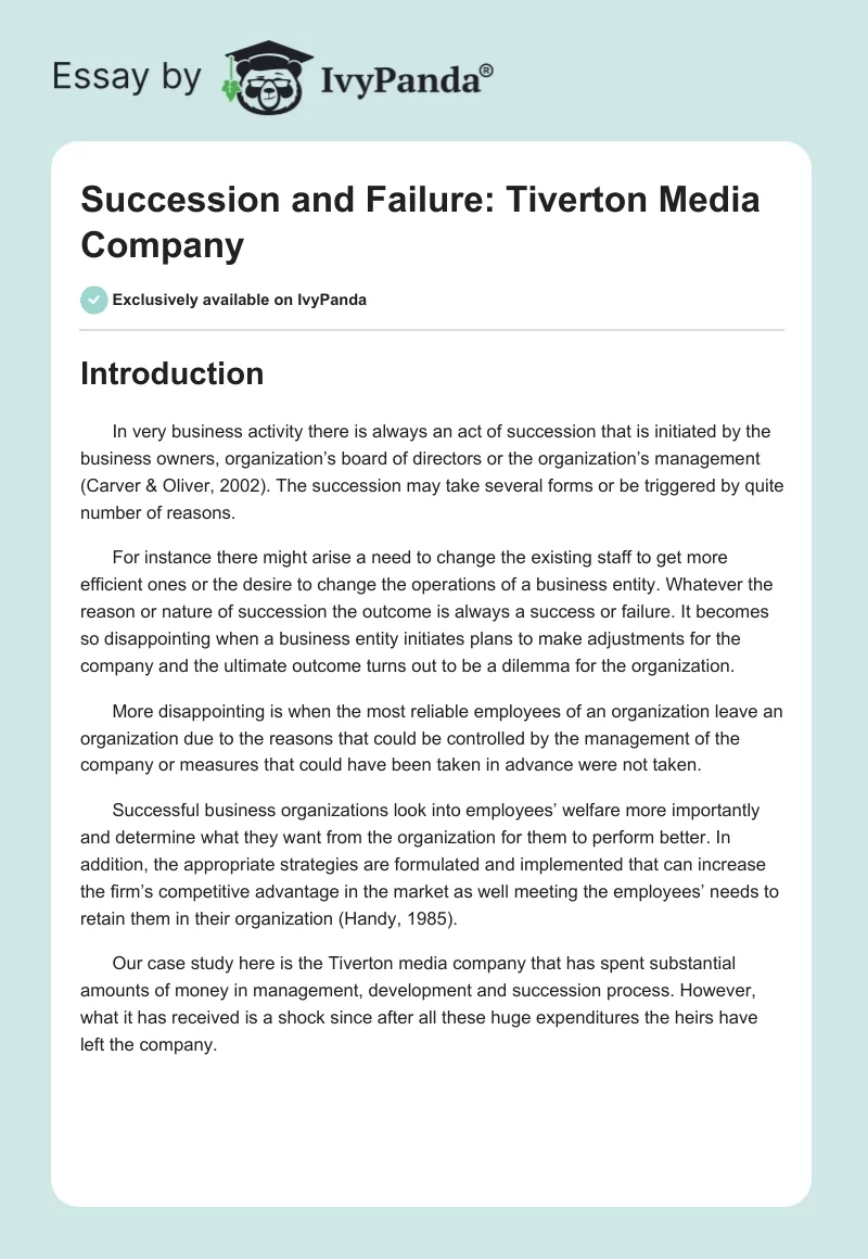 Succession and Failure: Tiverton Media Company. Page 1
