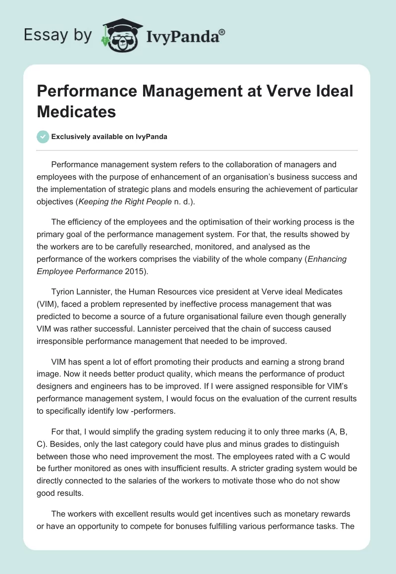 Performance Management at Verve Ideal Medicates. Page 1