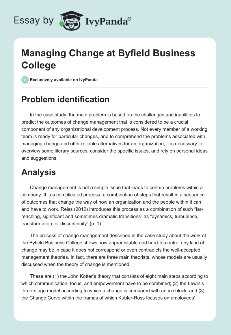 Managing Change at Byfield Business College. Page 1