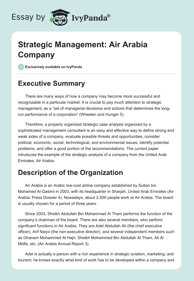 Strategic Management: Air Arabia Company. Page 1