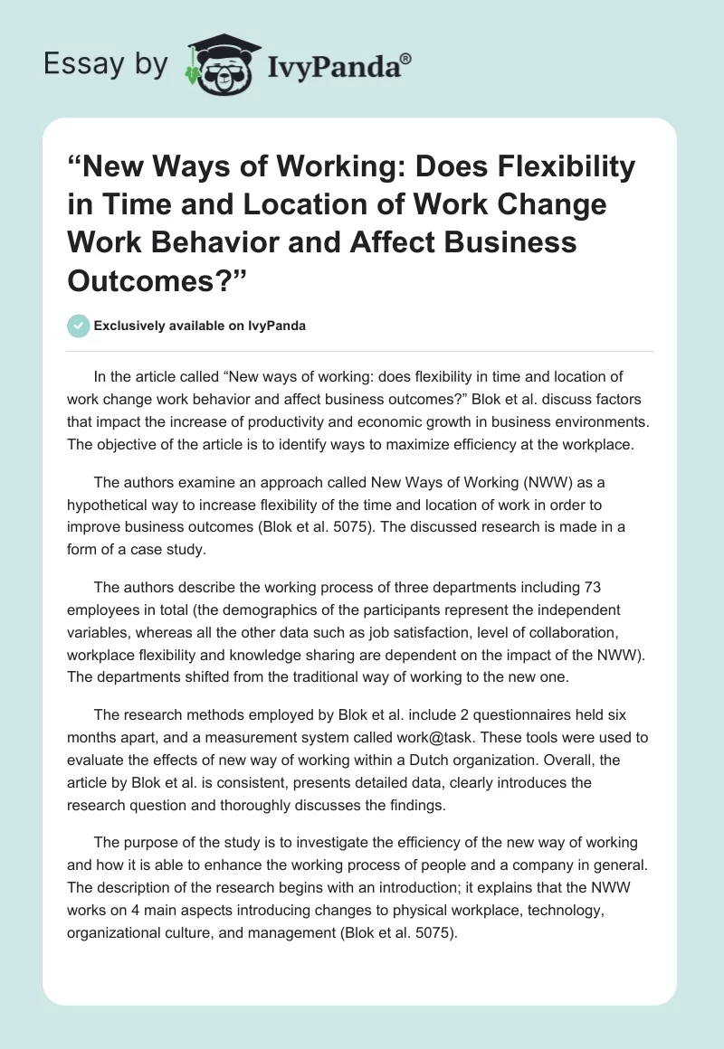 “New Ways of Working: Does Flexibility in Time and Location of Work Change Work Behavior and Affect Business Outcomes?”. Page 1