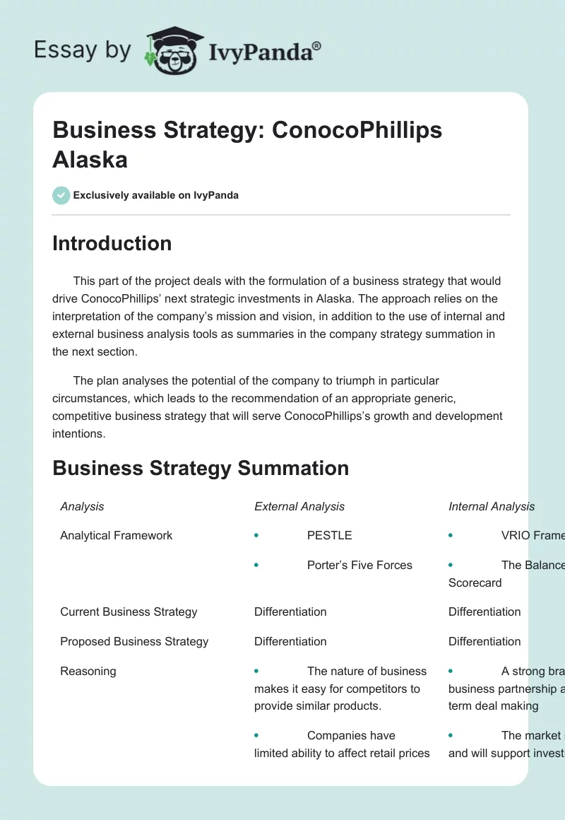 Business Strategy: ConocoPhillips Alaska. Page 1