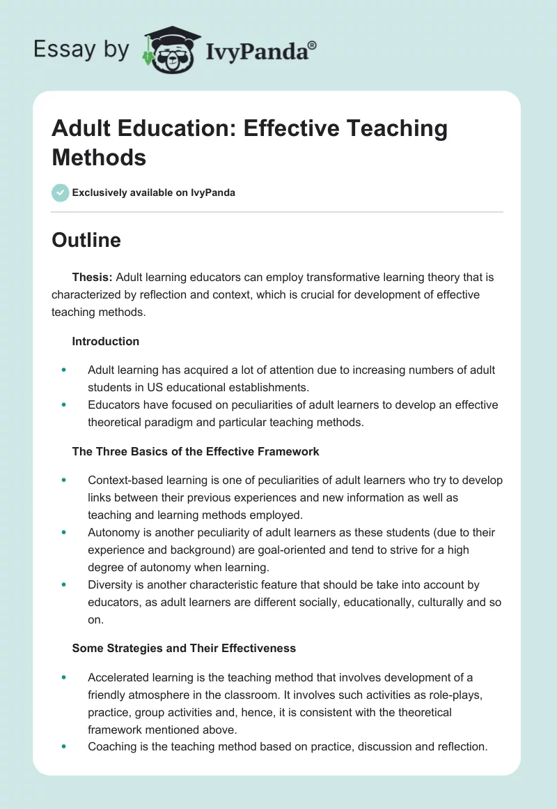 Adult Education: Effective Teaching Methods. Page 1