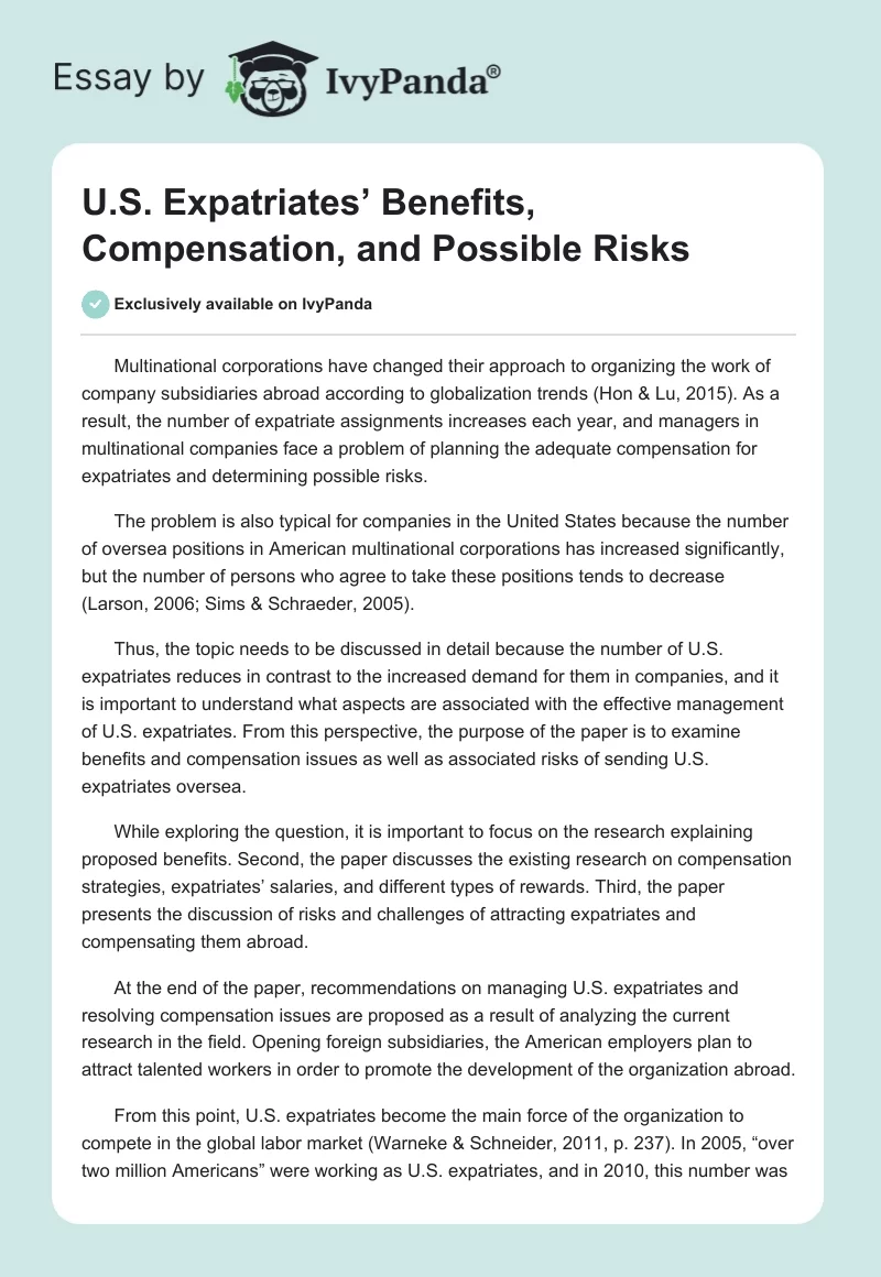 U.S. Expatriates’ Benefits, Compensation, and Possible Risks. Page 1