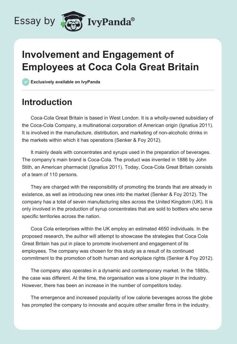 Involvement and Engagement of Employees at Coca Cola Great Britain. Page 1