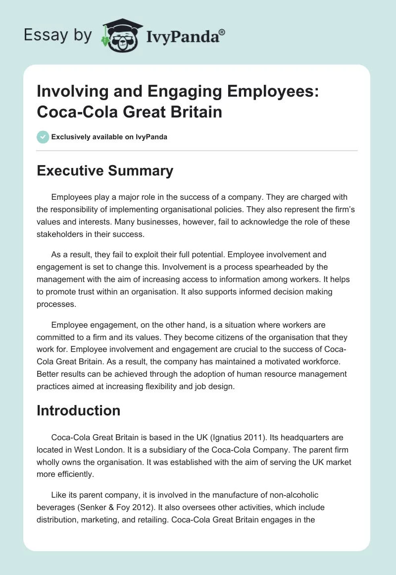 Involving and Engaging Employees: Coca-Cola Great Britain. Page 1
