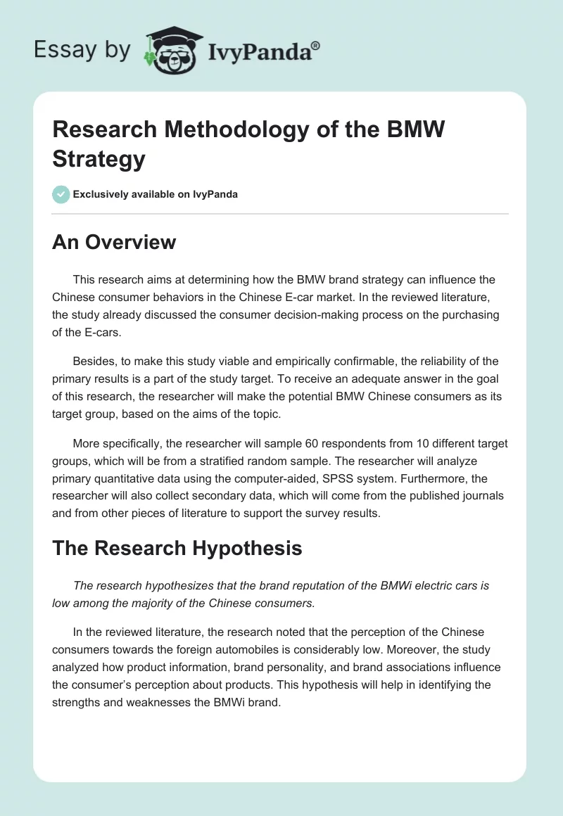 Research Methodology of the BMW Strategy. Page 1