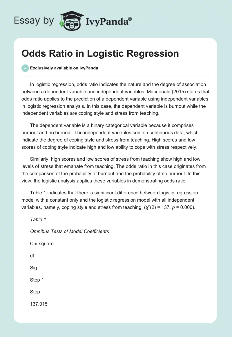 Odds Ratio in Logistic Regression. Page 1