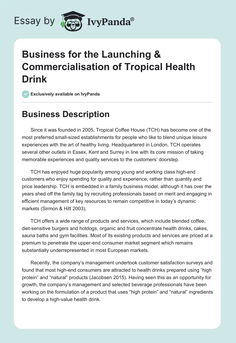Business for the Launching & Commercialisation of Tropical Health Drink. Page 1