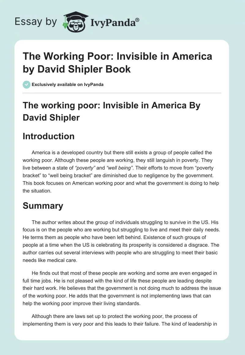 The Working Poor: Invisible in America by David Shipler Book. Page 1