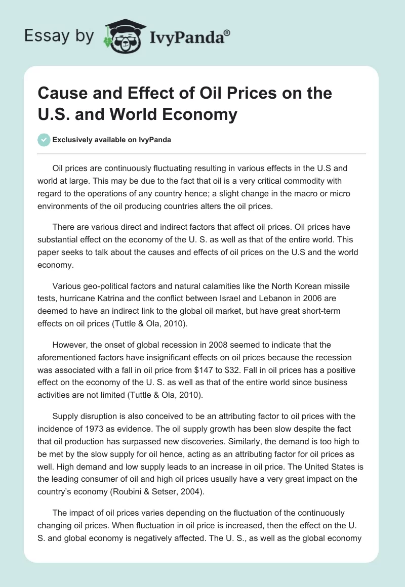 Cause and Effect of Oil Prices on the U.S. and World Economy. Page 1