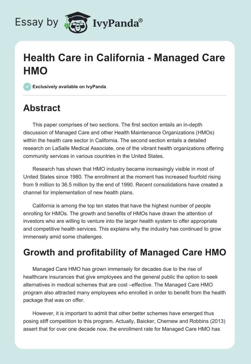 Health Care in California - Managed Care HMO. Page 1