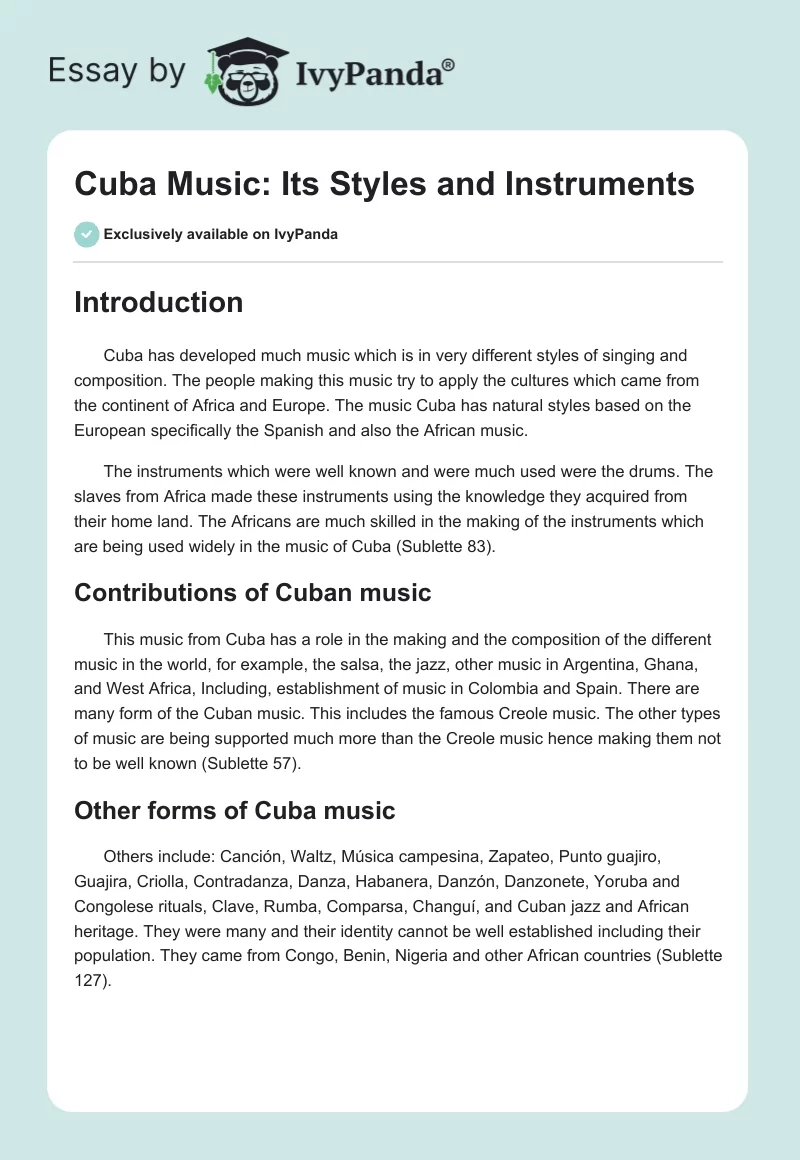Cuba Music: Its Styles and Instruments. Page 1