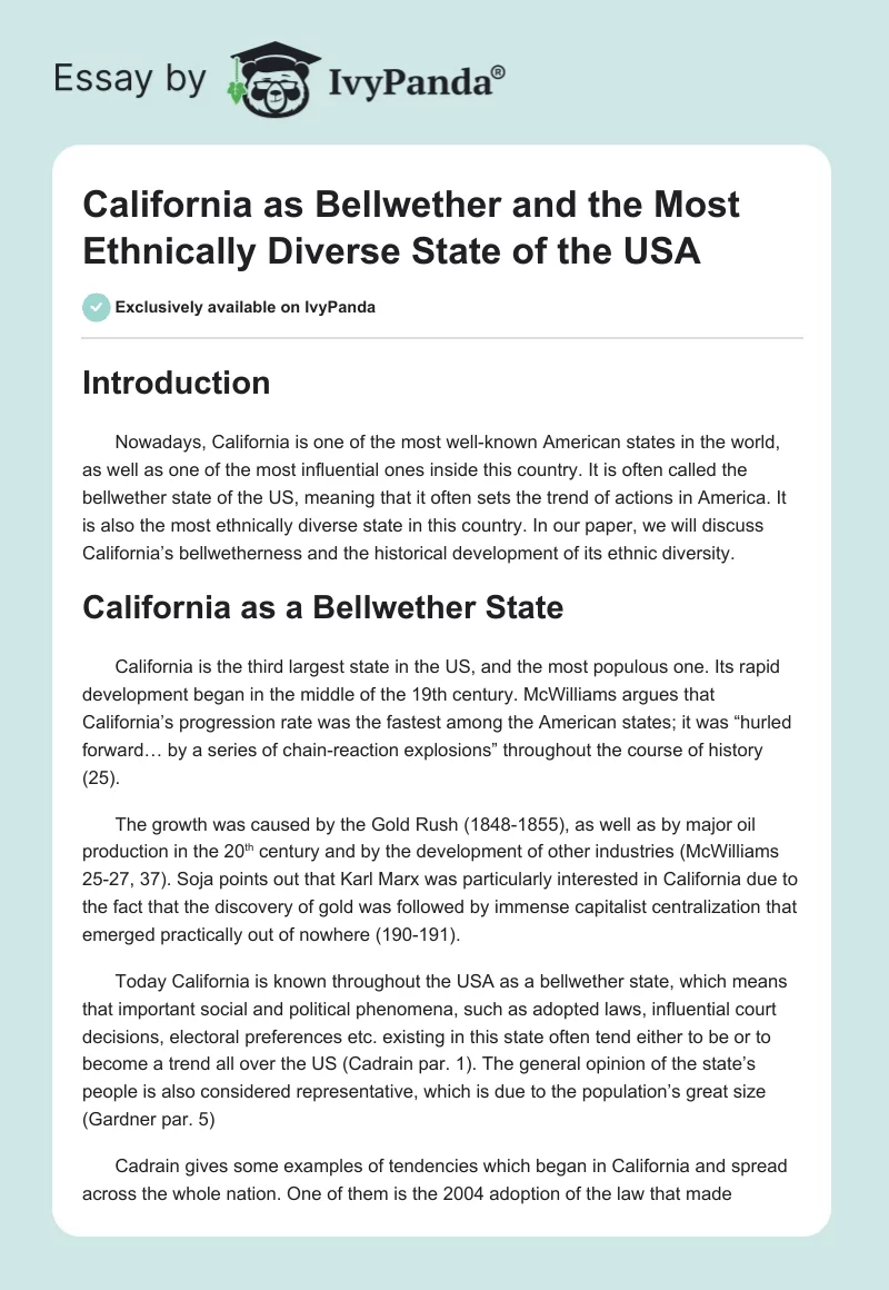 California as Bellwether and the Most Ethnically Diverse State of the USA. Page 1