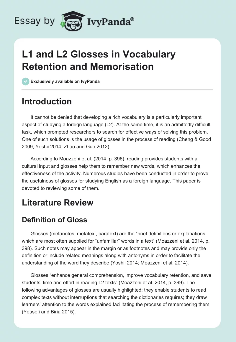 L1 and L2 Glosses in Vocabulary Retention and Memorisation. Page 1