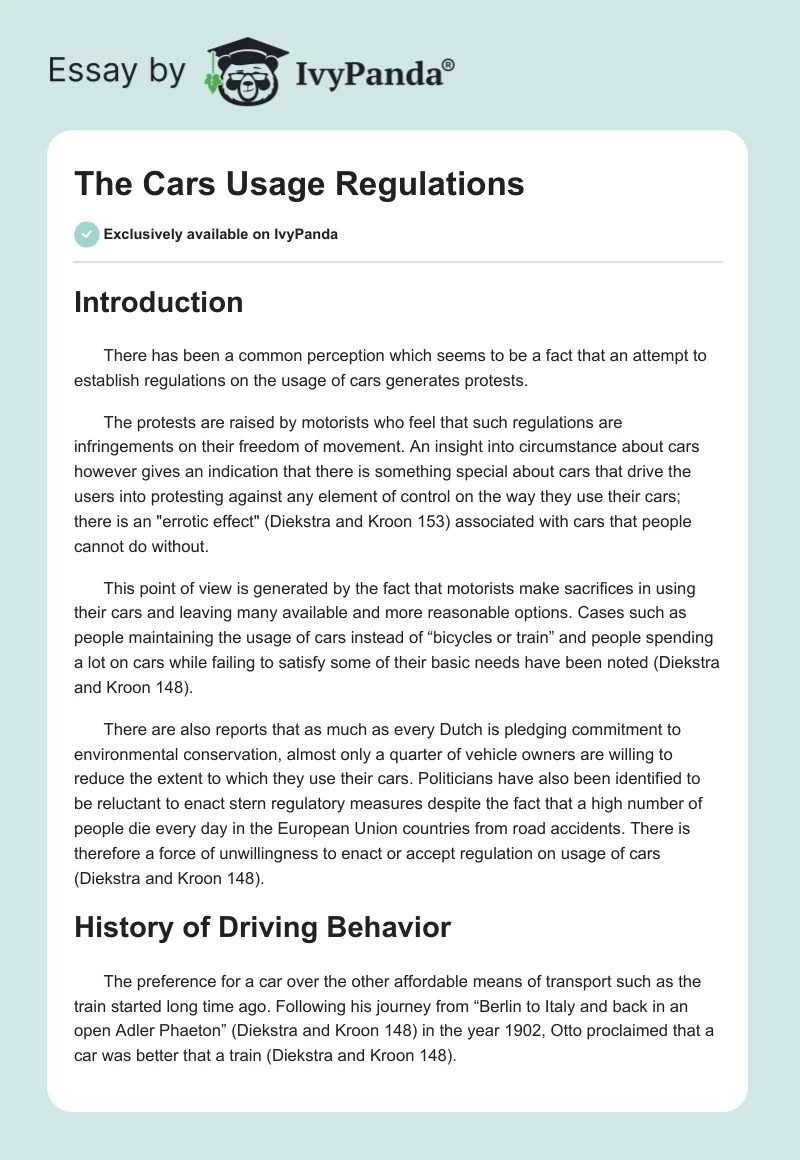 The Cars Usage Regulations. Page 1