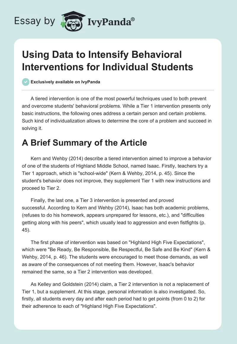 Using Data to Intensify Behavioral Interventions for Individual Students. Page 1