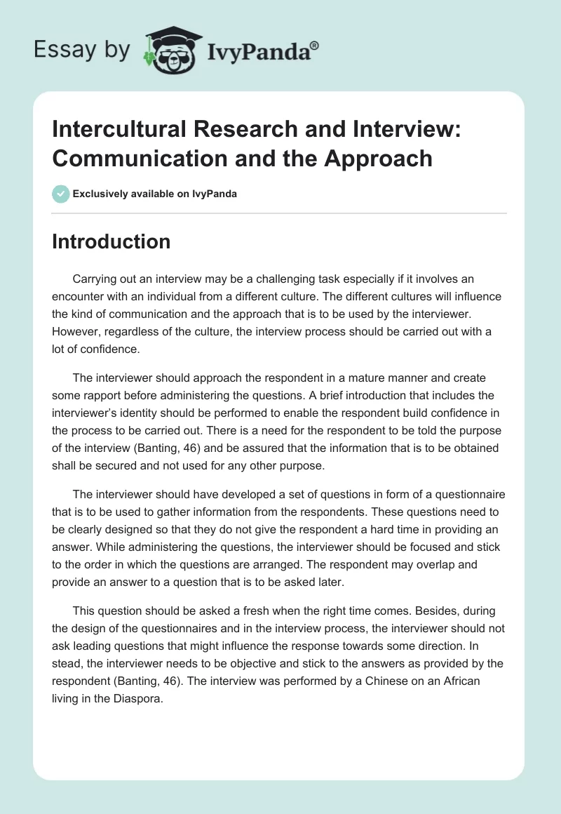 Intercultural Research and Interview: Communication and the Approach. Page 1