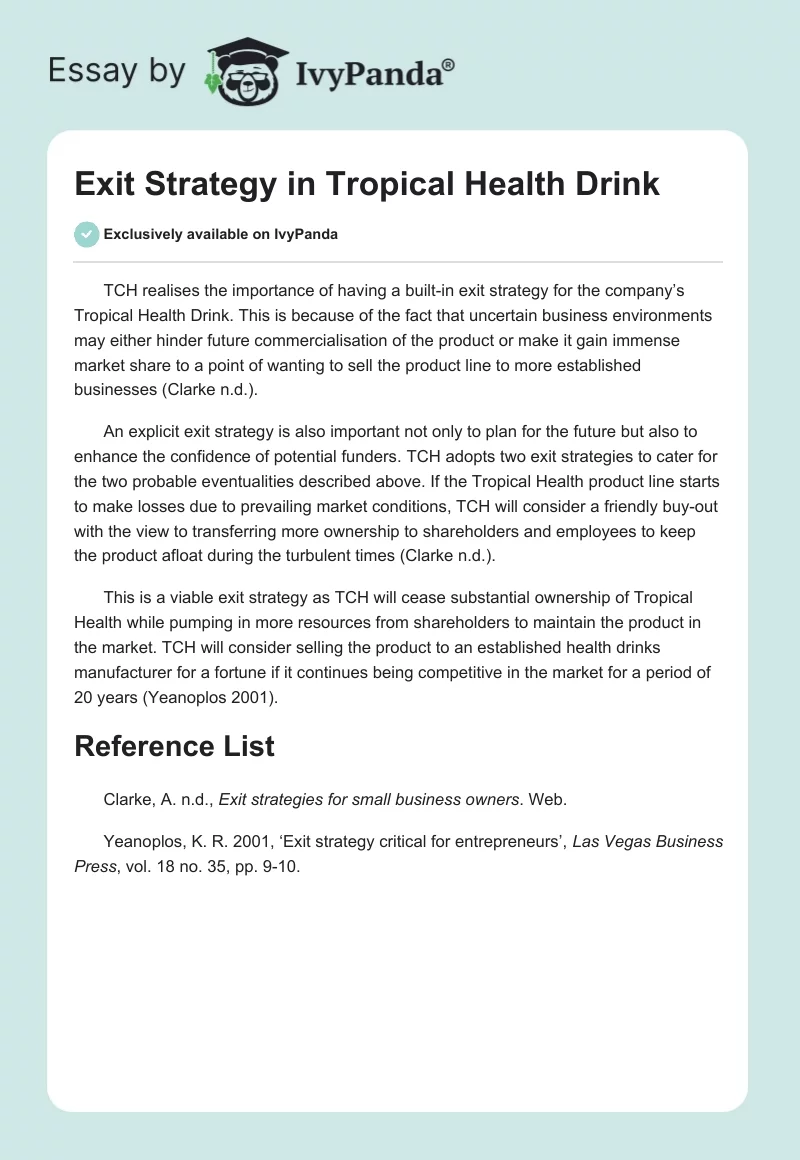 Exit Strategy in Tropical Health Drink. Page 1