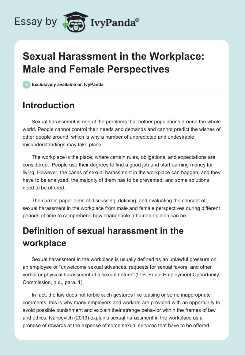 Sexual Harassment in the Workplace: Male and Female Perspectives. Page 1