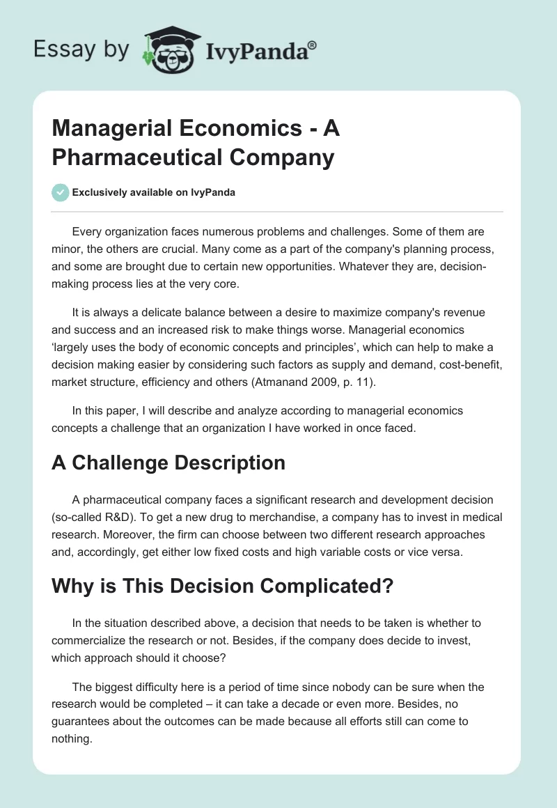 Managerial Economics - A Pharmaceutical Company. Page 1