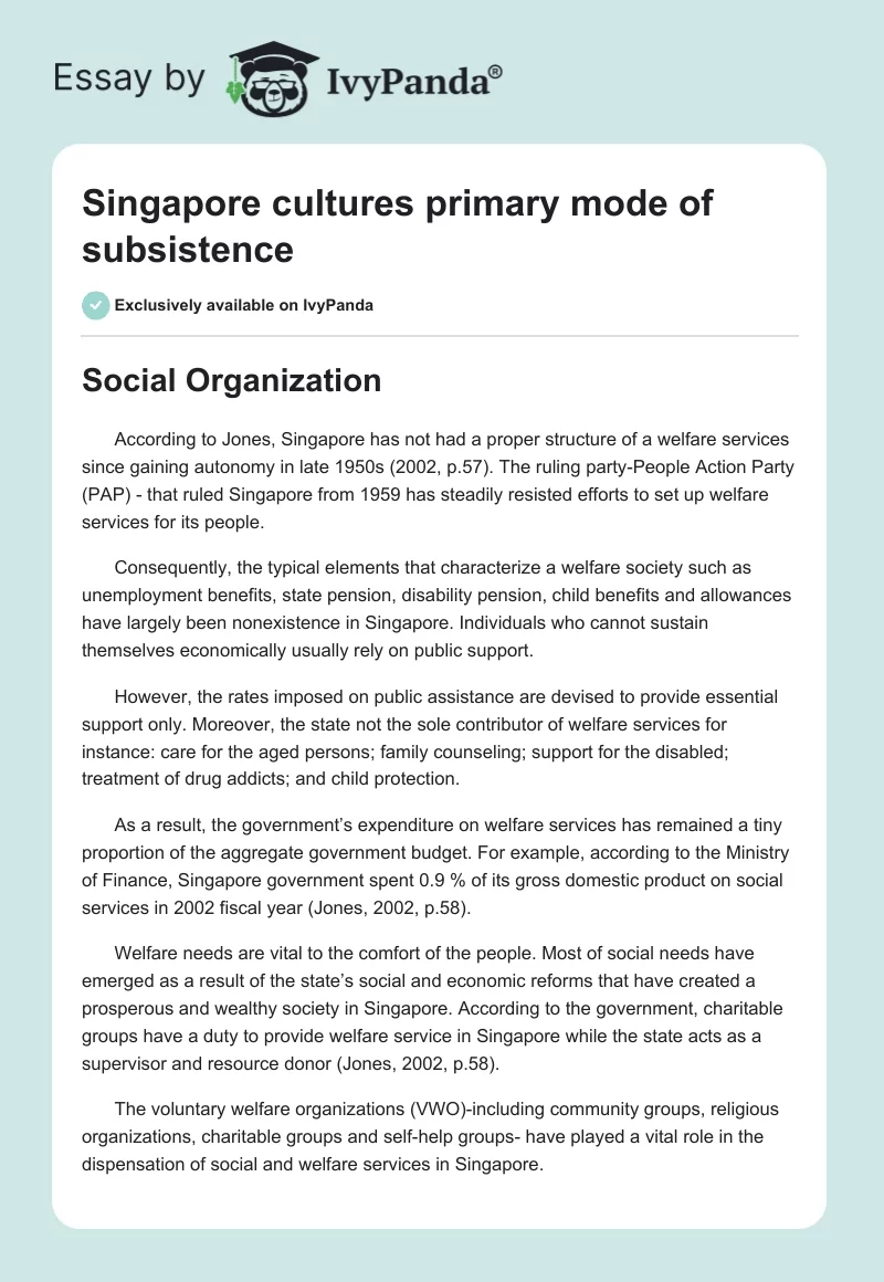 Singapore cultures primary mode of subsistence. Page 1