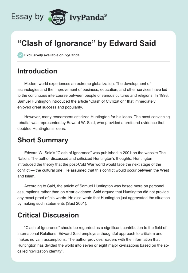 “Clash of Ignorance” by Edward Said. Page 1
